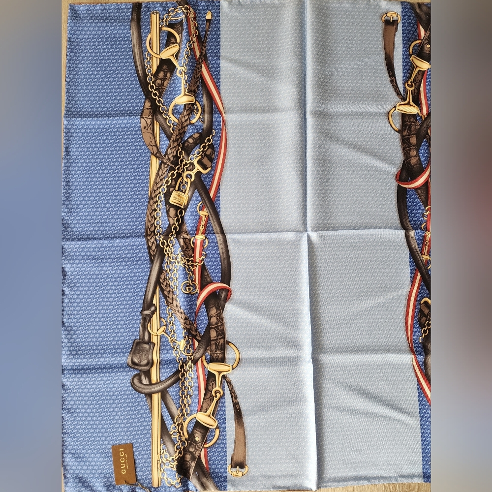 Auth Gucci NWT Equestrian Blue/Brown Silk Scarf - Picture 8 of 8